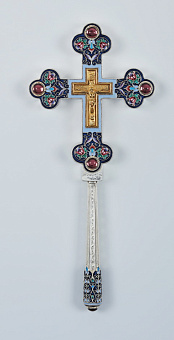 Крест напрестольный водосвятный на ручке литье,филигрань,эмаль,роспись,гравировка /золочение/ серебро