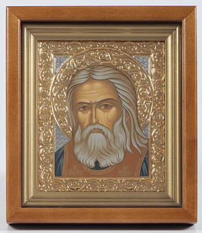 Икона в киоте 12х14 сложный №2 темпера, никель, золочение Серафим Саровский Икона в киоте 12х14 сложный №2 темпера, никель, золочение Серафим Саровский