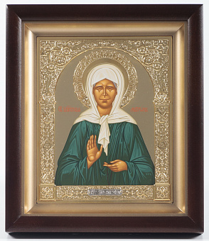 Икона в киоте 15х19 сложный, темпера, венчик, рамка фигурная, золочёная Матрона (золотой фон) Икона в киоте 15х19 сложный, темпера, венчик, рамка фигурная, золочёная Матрона (золотой фон)