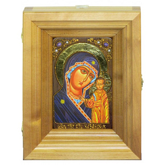 Подарочная икона ''Казанская икона Божией Матери'' на мореном дубе 10х15 см с нимбом из сусального золота в березовом киоте