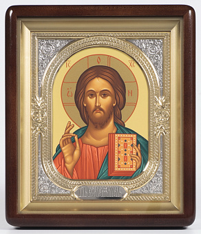 Икона в киоте 18х24 фигурный, темпера, риза-рамка объемная, открытая, золочёная, никелирование Спаситель Икона в киоте 18х24 фигурный, темпера, риза-рамка объемная, открытая, золочёная, никелирование Спаситель