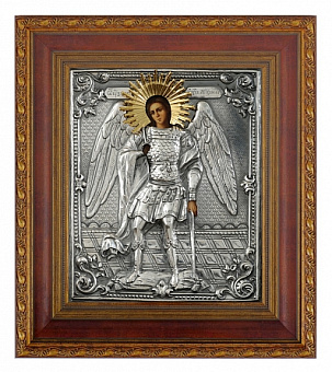 Икона живописная в киоте 24х30 масло, риза № 47, черненое серебрение, киот №22 Михаил Архангел