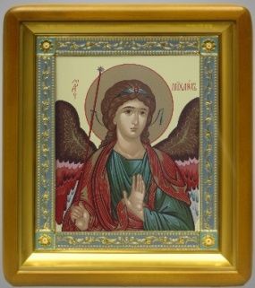 Икона в киоте 18х24 фигурный, темпера, рамка золочёная, эмаль Архангел Михаил