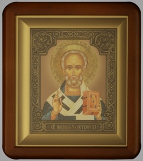 Николай Чудотворец святитель, Икона в киоте 11х13 фигурный, фото, рамка патинированая