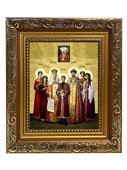 Именная икона Царская Семья на холсте в киоте 001