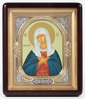 Икона в киоте 18х24 фигурный, темпера, риза-рамка объемная, открытая, золочёная, никелирование Умиление