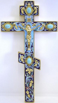 Крест напрестольный №2 филигрань, эмаль, литьевое распятие / золочение