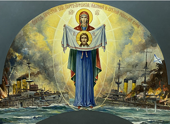 Флаг 043 Явление Богородицы Порт-Артурской в 1903 в русско-японскую на сером, 90х135 см, материал сетка для улицы