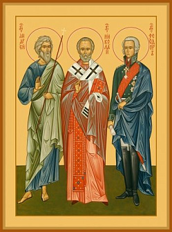 Икона Андрей Первозванный апостол, Николай святитель, Феодор Ушаков праведный