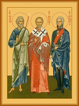 Икона Андрей Первозванный апостол, Николай святитель, Феодор Ушаков праведный