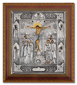 Икона живописная в киоте 30х40 масло, риза №90, черненое серебрение, киот №22 Распятие