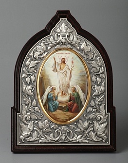 Икона именная №11 чеканка,живопись в деревянной рамке /золочение/ серебро