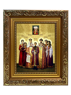 Именная икона Царская Семья на холсте в киоте 001