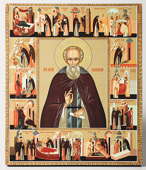 Икона на доске 22х26 объёмная печать, лак Сергий Радонежский с житием