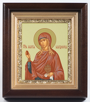 Икона в киоте 11х13 сложный, темпера, рамка золочёная Мария Магдалина