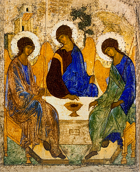 Икона Троица Андрея Рублева на холсте в киоте 164 02014_KRA