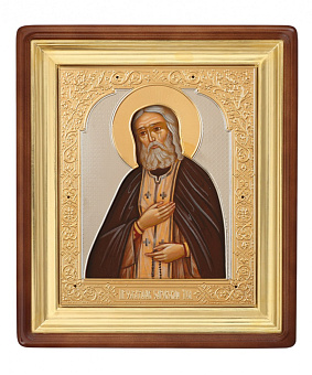 Икона живописная в киоте 11х13 масло, риза открытая, латунь, золочение, киот №2 Серафим Саровский Икона живописная в киоте 11х13 масло, риза открытая, латунь, золочение, киот №2 Серафим Саровский