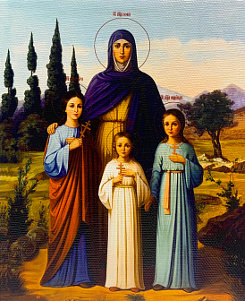 Именная икона Вера Надежда Любовь и София Римские с кипарисами на холсте в киоте 044