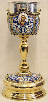 Потир 2.0л 4-финифти, филигрань, эмаль, роспись / поддон старого образца / золочение / серебряный стакан (УИН)