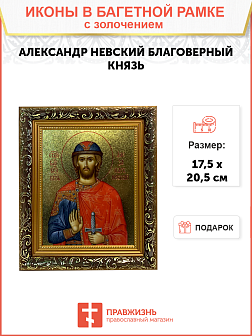 Икона Александр Невский благоверный князь с золочением, узкая рамка 17,5х20,5х2 см