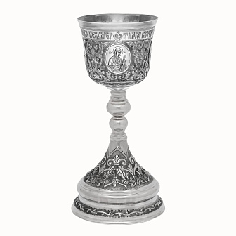 Потир 1.0л ручная гравировка с 4мя-ликами, чеканка / поддон 1, 5л потира / серебро (УИН)