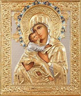 Икона живописная Божией Матери «Владимирская» 24х30, масло, риза №57, эмаль, золочение