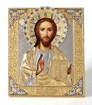 Икона живописная Спасителя 24х30, масло, риза №25, эмаль, золочение Икона живописная Спасителя 24х30, масло, риза №25, эмаль, золочение