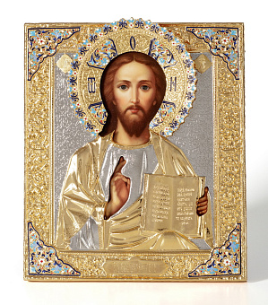 Икона живописная Спасителя 24х30, масло, риза №25, эмаль, золочение Икона живописная Спасителя 24х30, масло, риза №25, эмаль, золочение