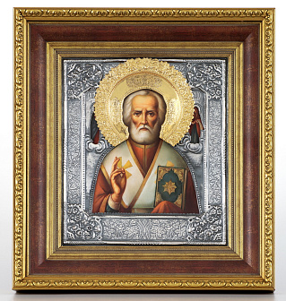 Икона живописная в киоте 24х30 масло, риза №227, черненое серебрение, киот №22 Николай Чудотворец