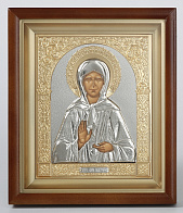 Икона в киоте 15х19 сложный, темпера, риза объёмная, никель, золочение Матрона