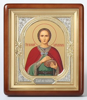 Икона в киоте 18х24 фигурный, темпера, риза-рамка объемная, открытая, золочёная, никелирование Пантелеимон 1