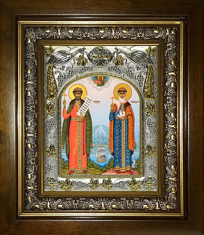 Икона Петр и Феврония святые благоверные князья, в деревяном киоте