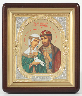 Икона в киоте 18х24 фигурный, темпера №8, риза-рамка объемная, открытая, золочёная, никелирование Петр и Феврония 1