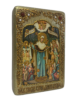 Настольная икона Божией Матери «Всех Скорбящих Радость с грошиками» на мореном дубе