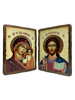 Венчальные иконы Спаситель и Казанская на дереве под старину 17х23 см