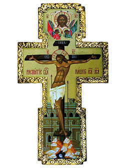 Крест настенный, печать на холсте, обрамленный латунной басмой,  материал - липа