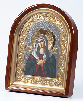 Икона в киоте 24х30 сложный, арочный, фото, риза объемная, открытая, золочение Умиление БМ
