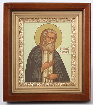 Икона в киоте 11х13 сложный, темпера, рамка золочёная Серафим Саровский
