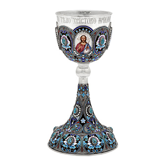 Потир 0.5л 4-финифти, филигрань, эмаль, роспись колос №1 / серебрение с чернением / серебряный стакан (УИН)