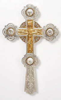 Крест напрестольный литьевые лики, распятие, лучи, гравировка / золочение / серебро (УИН)
