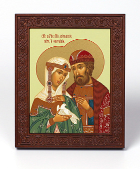 Икона на дереве 18х22 прокат, ковчег с резным обрамлением, упаковка Петр и Феврония 2