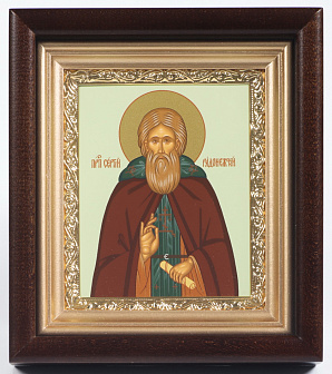 Икона в киоте 11х13 сложный, темпера, рамка золочёная Сергий Радонежский