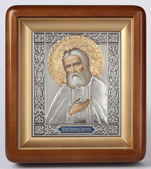 Икона в киоте 11х13 фигурный, темпера, риза, никель, эмаль Серафим Саровский 1