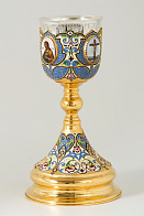 Потир 0.75л 4-финифти, филигрань, эмаль, роспись / поддон 1, 5л потира / золочение / серебряный стакан (УИН)