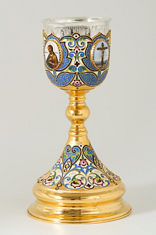Потир 0.75л 4-финифти, филигрань, эмаль, роспись / поддон 1, 5л потира / золочение / серебряный стакан (УИН)