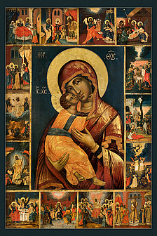 Икона Владимирская Божия Матерь с праздниками, авторская технология