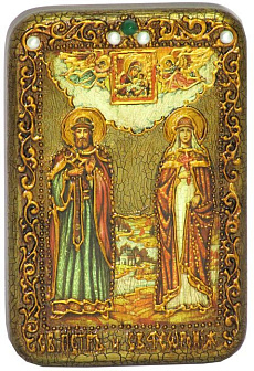 Настольная икона ''Петр и Февронья'' на мореном дубе