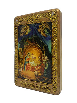 Настольная икона ''Рождество Господа Бога и Спаса нашего Иисуса Христа'' на мореном дубе