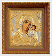 Икона живописная в киоте 24х30 масло, риза № 17, матовое золочение, киот №22 Казанская БМ