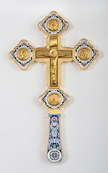 Крест напрестольный филигрань, роспись, литьевое распятие и лики, лазерная гравировка, золочение, серебрение